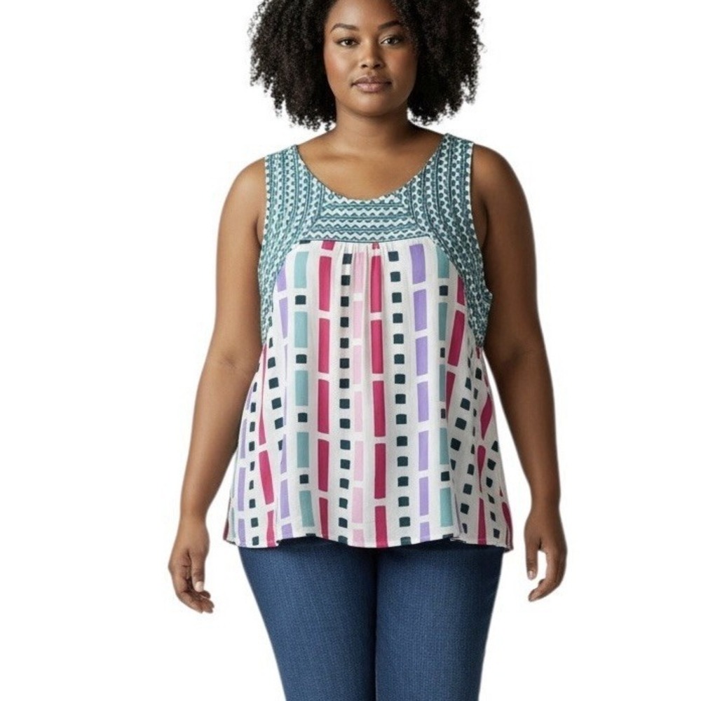 Savannah Jane Tank Top Embroidered Geometric Print Size 2X NWT